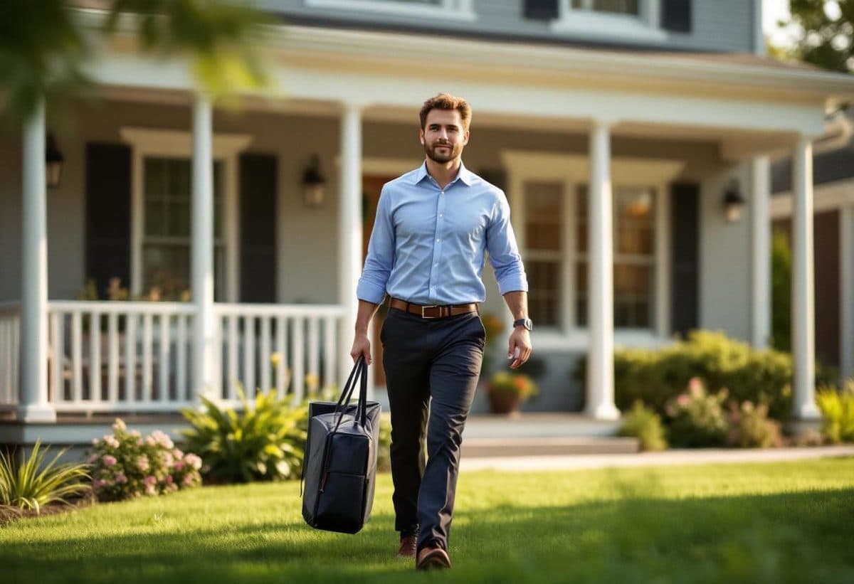 Real estate agent approaching a suburban Twin Cities home holding listings